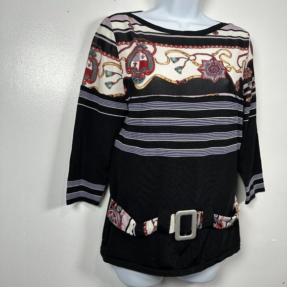 Feratelli Womens Medium Blouse Belted Art Stretch Black 3/4 Sleeves Striped - Picture 3 of 16